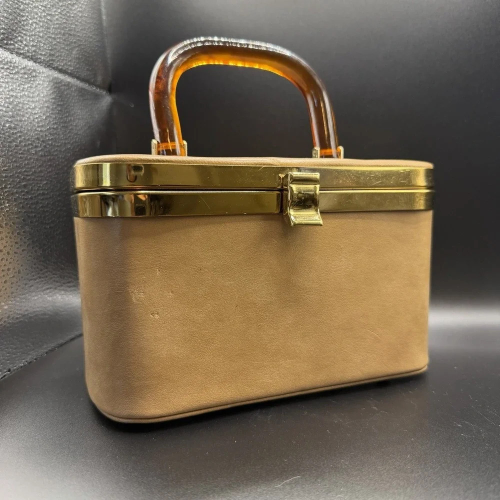 Vintage 1950's Camel Colored Florida Box Purse w/ Amber Lucite Handle MCM